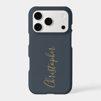 Navy Blue Gold Script Name Minimalist Monogram Men iPhone 17 Pro Case