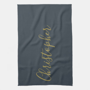 Navy Blue Gold Script Name Minimalist Monogram Men Kitchen Towel