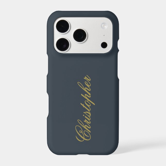 Navy Blue Gold Script Name Monogram Minimalist Men iPhone Case (Back)