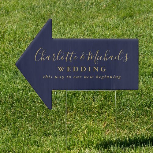 Navy Blue Gold Script Name Wedding This Way Arrow Sign