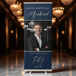 Navy Blue Gold Script Photo 50th Birthday Retractable Banner<br><div class="desc">Celebrate your milestone 50th in timeless style with this navy blue and gold retractable banner. Featuring elegant script typography and space for your personal photo, this design works beautifully as a welcome banner, party display, or photo backdrop. The rich navy background paired with shimmering gold accents creates a luxe, modern...</div>