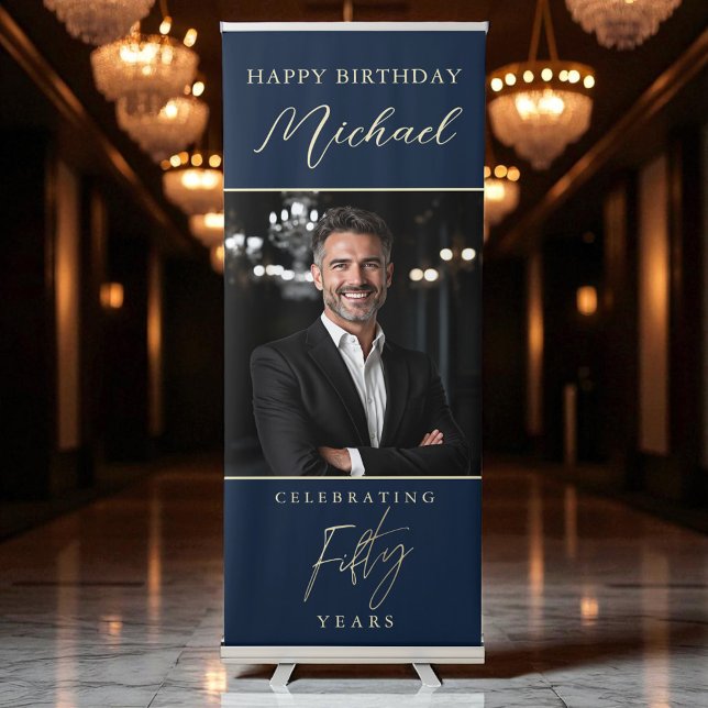 Navy Blue Gold Script Photo 50th Birthday Retractable Banner (Creator Uploaded)
