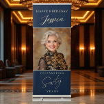 Navy Blue Gold Script Photo 60th Birthday Retractable Banner<br><div class="desc">Celebrate your milestone 60th in timeless style with this navy blue and gold retractable banner. Featuring elegant script typography and space for your personal photo, this design makes the perfect welcome banner, party display, or photo backdrop. The rich navy background paired with shimmering gold accents creates a sophisticated, luxe look—ideal...</div>