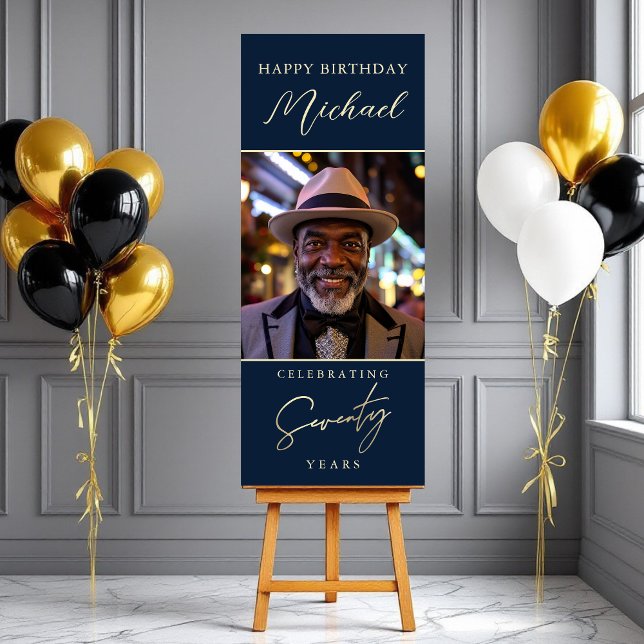 Navy Blue Gold Script Photo 70th Birthday Foam Board (Creator Uploaded)