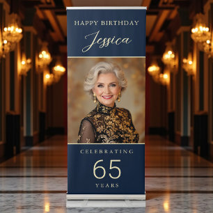 Navy Blue Gold Script Photo Any Age Birthday Retractable Banner