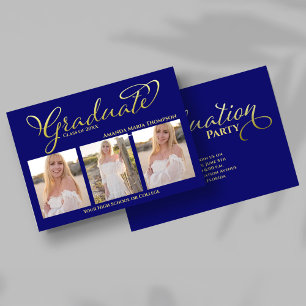 Navy Blue Gold Script Photo Collage Graduation Invitation