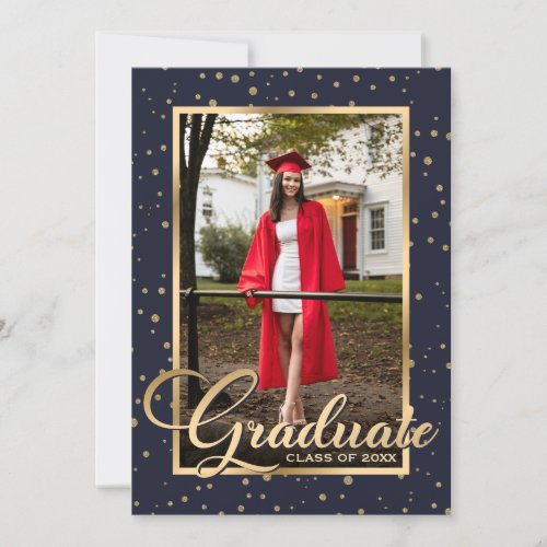 Navy Blue Gold Script Photo Graduation Party Invitation