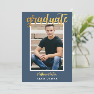 Navy Blue Gold Script Photo Graduation Party Invitation