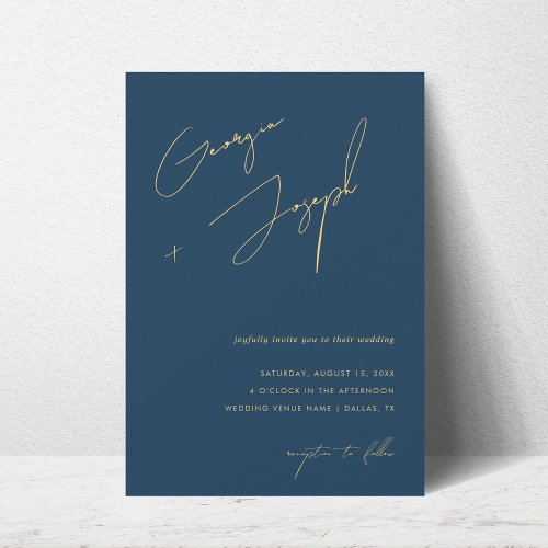Navy Blue  Gold  Script Photo QR Code Wedding Invitation