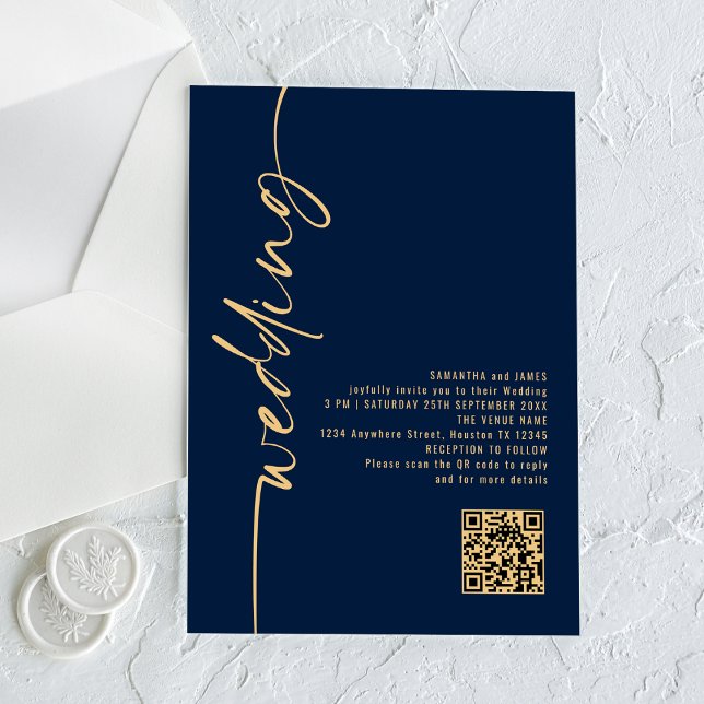 Navy Blue Gold Script QR Code Wedding Acrylic Invitations (Creator Uploaded)