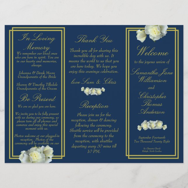 Navy Blue Gold Script Rose Trifold Wedding Program (Front)