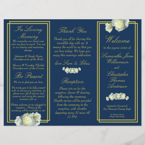 Navy Blue Gold Script Rose Trifold Wedding Program