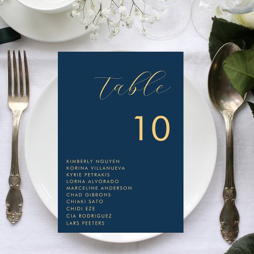 Navy Blue Gold Script Seating Chart Names Wedding Table Number