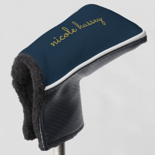 Navy Blue Gold Script Stylish Monogram Modern Golf Head Cover