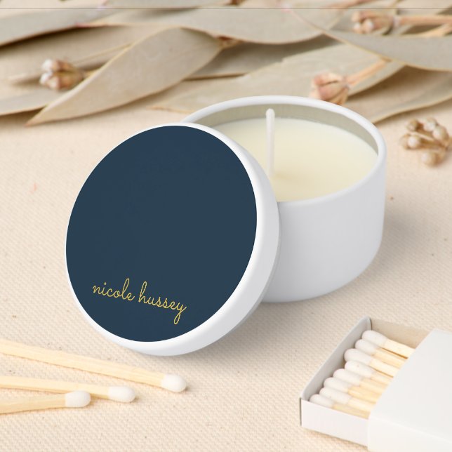 Navy Blue Gold Script  | Stylish Monogram Modern Mini Candle Favors (Insitu)
