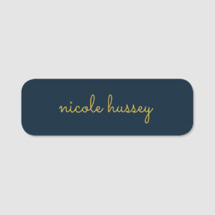 Navy Blue Gold Script Stylish Monogram Modern Name Tag