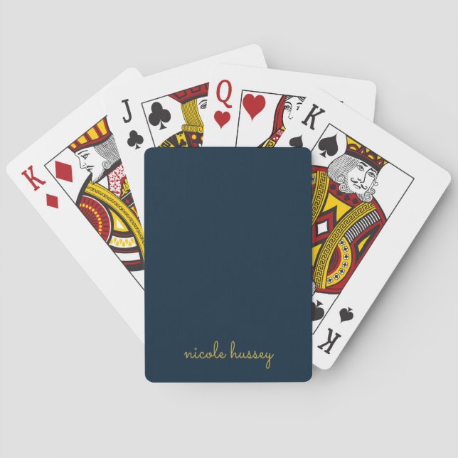 Navy Blue Gold Script  | Stylish Monogram Modern Poker Cards (Back)