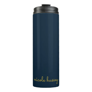 Navy Blue Gold Script Stylish Monogram Modern Thermal Tumbler