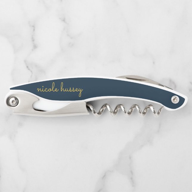 Navy Blue Gold Script  | Stylish Monogram Modern Waiter's Corkscrew (Front)