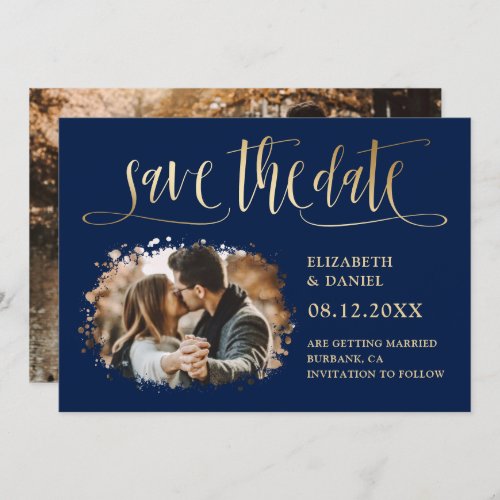 Navy Blue Gold Script Wedding Photo Save The Date