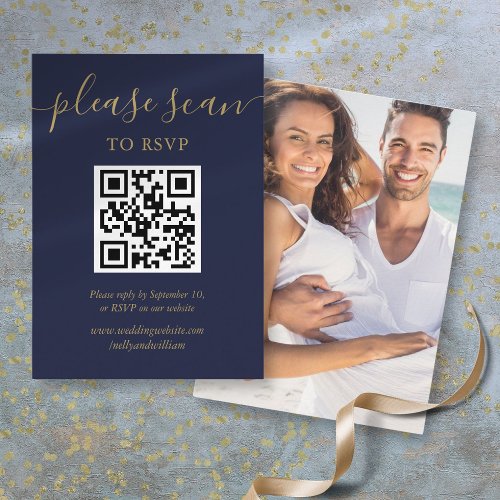 Navy Blue Gold Script Wedding RSVP QR Code Photo Enclosure Card
