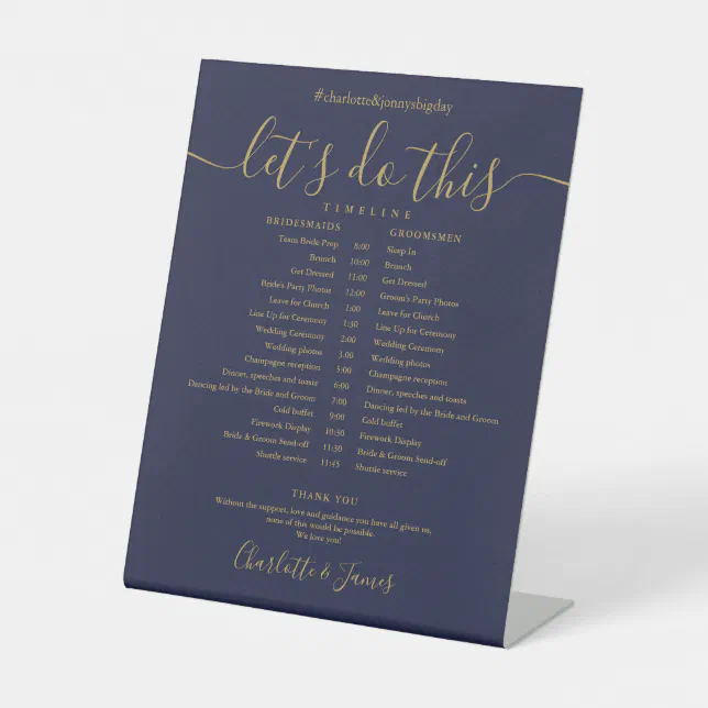 Navy Blue Gold Script Wedding Schedule Timeline Pedestal Sign | Zazzle
