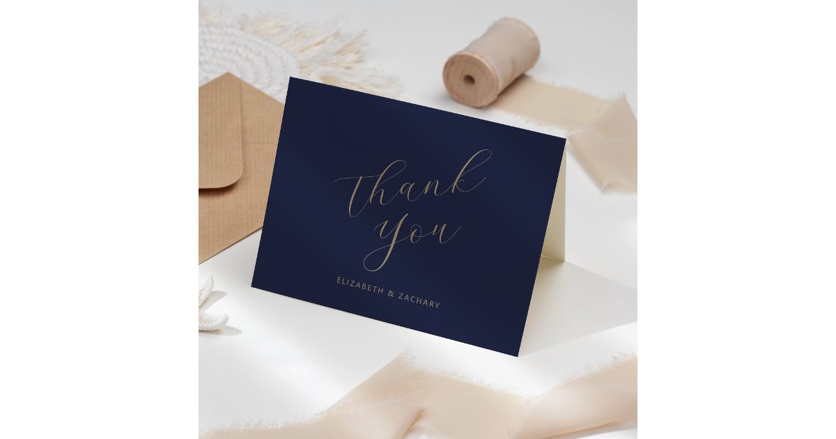 Navy Blue Gold Script Wedding Thank You Card | Zazzle