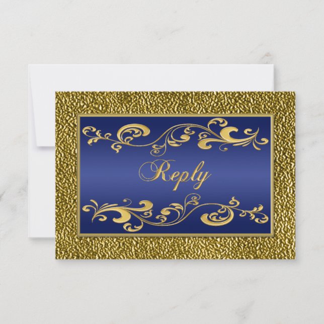 Navy Blue, Gold Scrolled Reply Card (Front)