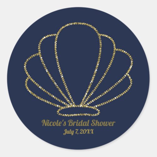 Navy Blue  Gold Sea Shell Mermaid Bridal Shower Classic Round Sticker