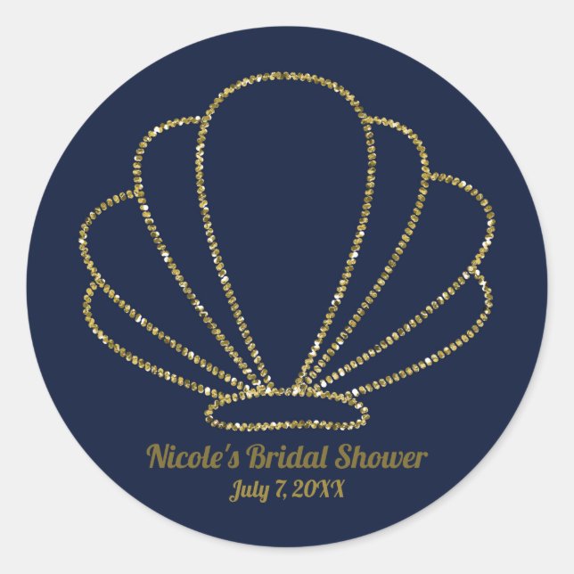 Navy Blue & Gold Sea Shell Mermaid Bridal Shower Classic Round Sticker (Front)
