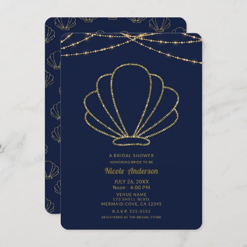 Navy Blue  Gold Sea Shell Mermaid Bridal Shower Invitation