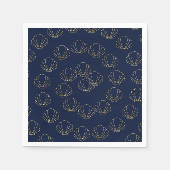 Navy Blue & Gold Sea Shell Mermaid Bridal Shower Napkins (Front)