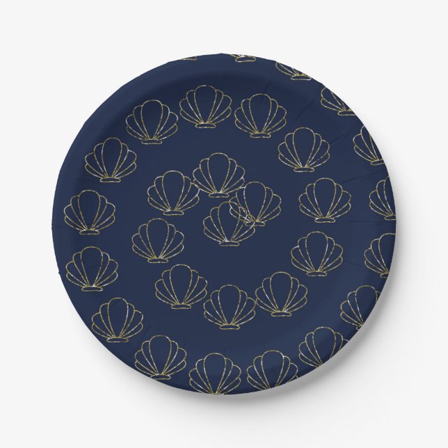 Navy Blue & Gold Sea Shell Mermaid Bridal Shower Paper Plates (Front)