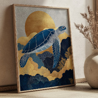 Navy Blue& Gold Sea Turtle Kintsugi Underwater Poster