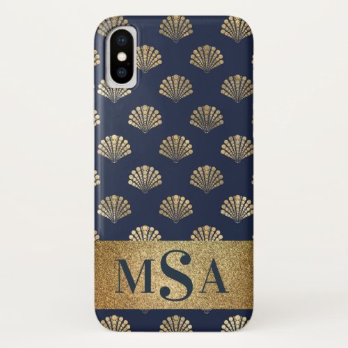 Navy Blue Gold Seashells Monogram 3 Initials iPhone XS Case
