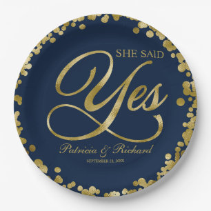 Navy Blue Gold She Said Yes Engagement Party Paper Plates