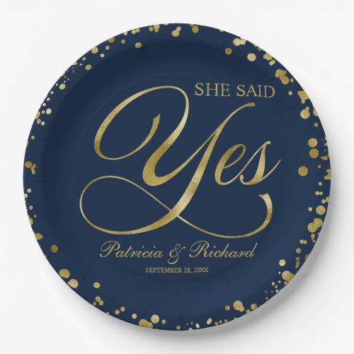 Navy Blue Gold She Said Yes Engagement Party Paper Plates