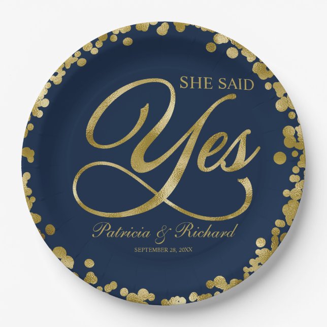 Navy Blue Gold She Said Yes Engagement Party Paper Plates (Front)