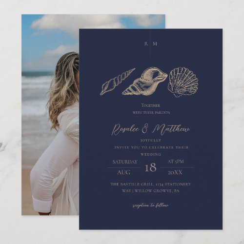 Navy Blue & Gold Shells Coastal Wedding  Invitation