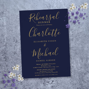 Navy Blue Gold Signature Script Rehearsal Dinner Invitation