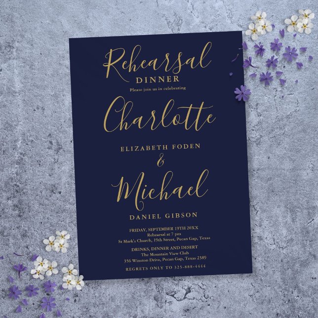 Navy Blue Gold Signature Script Rehearsal Dinner Invitation (Navy Blue Gold Signature Script Rehearsal Dinner Invitation)