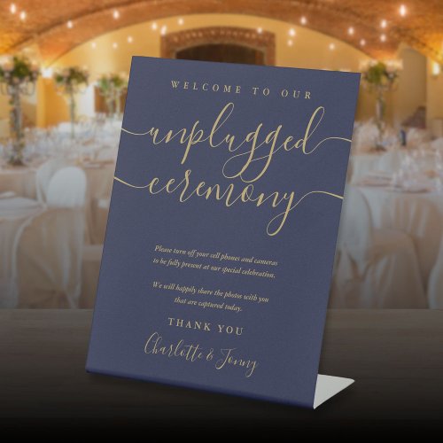 Navy Blue Gold Signature Script Unplugged Ceremony Pedestal Sign