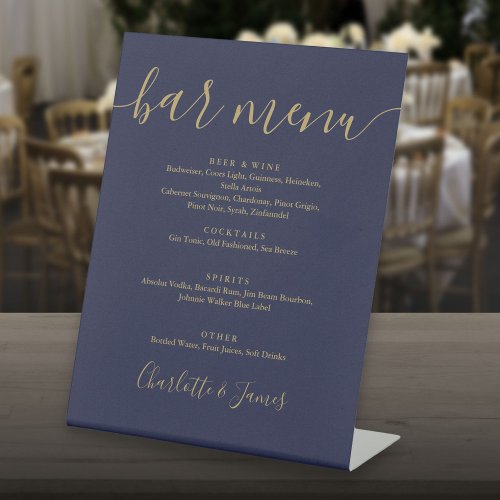 Navy Blue Gold Signature Script Wedding Bar Menu Pedestal Sign