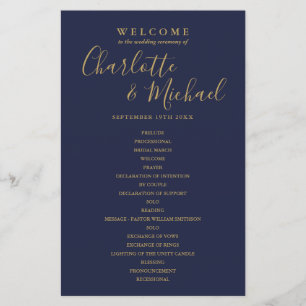 Navy Blue Gold Signature Script Wedding Program