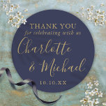 Navy Blue Gold Signature Wedding Favour Thank You Classic Round Sticker<br><div class="desc">Navy blue and gold signature wedding favor thank you classic round sticker featuring signature style names. Personalise with your special thank you information in chic gold typography. Designed by Thisisnotme©</div>