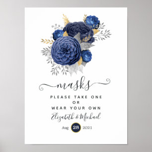 Navy Blue, Gold & Silver Floral Wedding Face Masks Poster