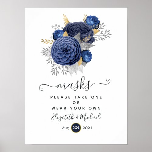 Navy Blue Gold  Silver Floral Wedding Face Masks Poster