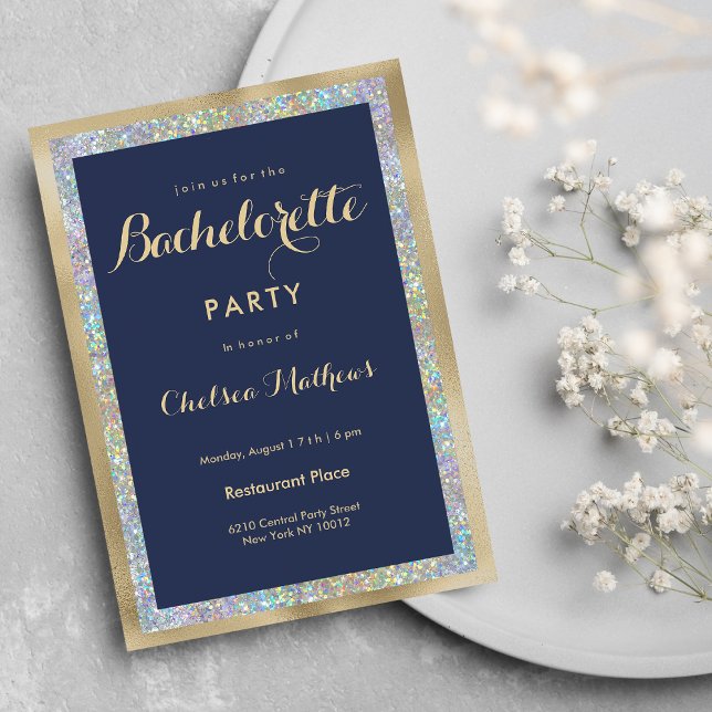 Navy blue gold silver holographic Bachelorette  Invitation (Navy blue gold silver holographic Bachelorette Party)