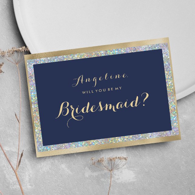 Navy blue gold silver holographic Bridesmaid Invitation (Navy blue gold silver holographic Bridesmaid)