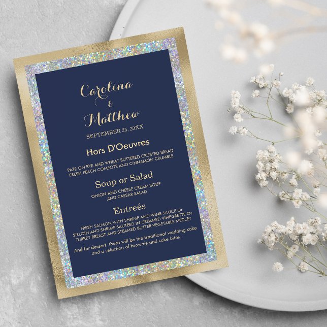 Navy blue gold silver holographic Wedding Menu (Navy blue gold silver holographic Wedding Menu )